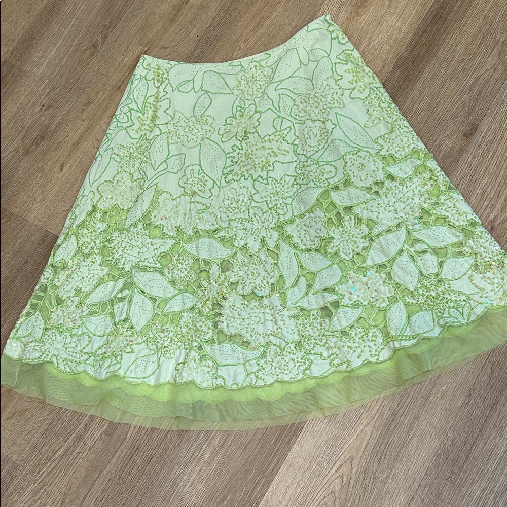 Vintage 90’s Basil & Maude Heavily Beaded & Sequined Green A-Line Skirt | SZ 6 - Picture 3 of 11